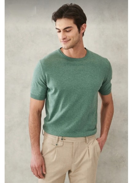 Erkek Yeşil Standart Fit Bisiklet Yaka %100 Pamuk Triko Tişört