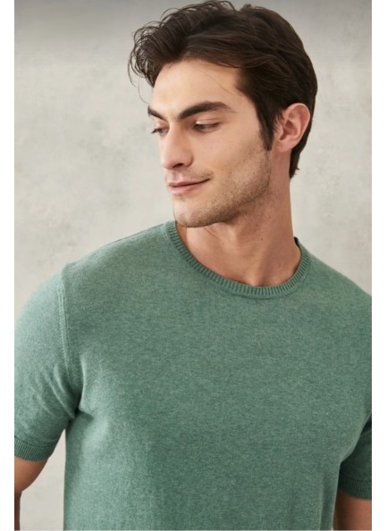 Erkek Yeşil Standart Fit Bisiklet Yaka %100 Pamuk Triko Tişört