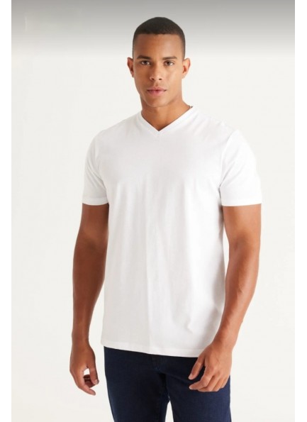 Erkek %100 Pamuk Slim Fit Dar Kesim V Yaka Kısa Kollu Tişört