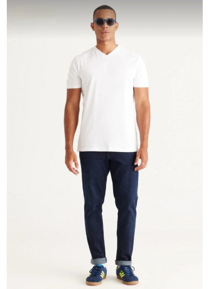 Erkek %100 Pamuk Slim Fit Dar Kesim V Yaka Kısa Kollu Tişört