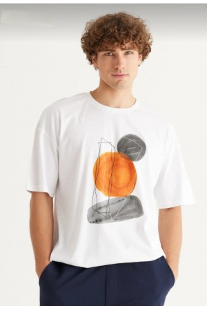 Erkek Beyaz Oversize Bol Kesim Bisiklet Yaka Kısa Kollu %100 Pamuk Baskılı Tişört