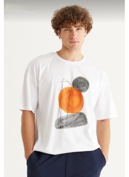 Erkek Beyaz Oversize Bol Kesim Bisiklet Yaka Kısa Kollu %100 Pamuk Baskılı Tişört