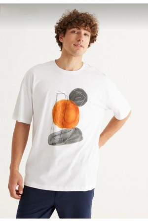 Erkek Beyaz Oversize Bol Kesim Bisiklet Yaka Kısa Kollu %100 Pamuk Baskılı Tişört