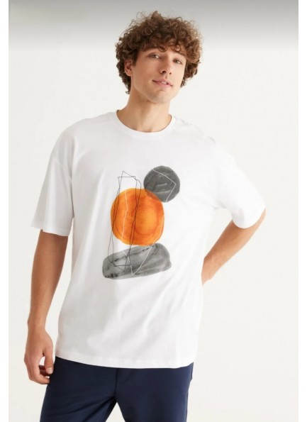 Erkek Beyaz Oversize Bol Kesim Bisiklet Yaka Kısa Kollu %100 Pamuk Baskılı Tişört