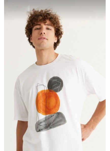 Erkek Beyaz Oversize Bol Kesim Bisiklet Yaka Kısa Kollu %100 Pamuk Baskılı Tişört