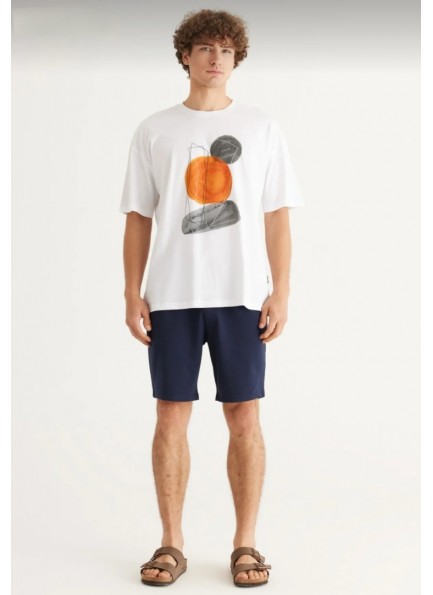 Erkek Beyaz Oversize Bol Kesim Bisiklet Yaka Kısa Kollu %100 Pamuk Baskılı Tişört