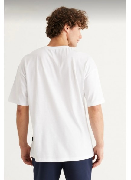 Erkek Beyaz Oversize Bol Kesim Bisiklet Yaka Kısa Kollu %100 Pamuk Baskılı Tişört