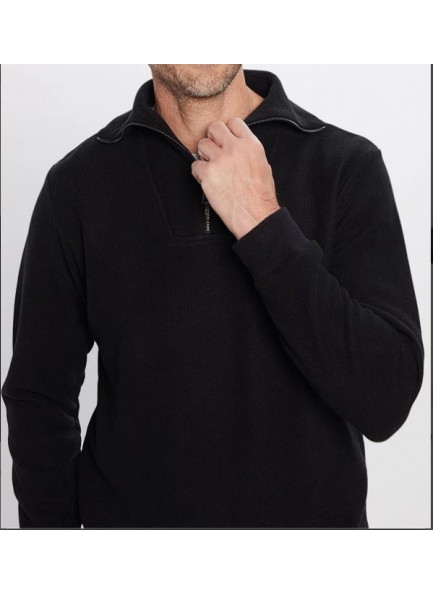 Unisex Relax Fit Rahat Kesim Pamuklu İçi Polarlı Yarım Fermuarlı Siyah Dik Yaka Sweatshirt