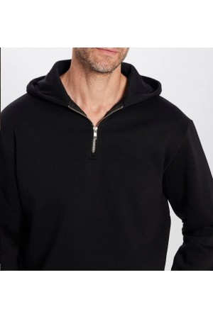 Unisex Relax Fit Rahat Kesim Pamuklu İçi Polarlı Yarım Fermuarlı Siyah Kapüşonlu Sweatshirt