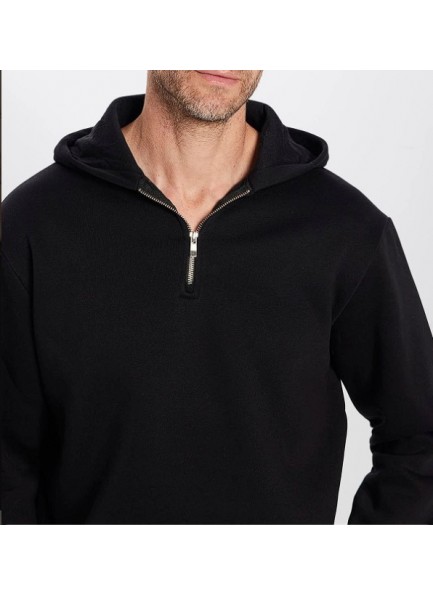 Unisex Relax Fit Rahat Kesim Pamuklu İçi Polarlı Yarım Fermuarlı Siyah Kapüşonlu Sweatshirt
