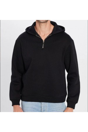 Unisex Relax Fit Rahat Kesim Pamuklu İçi Polarlı Yarım Fermuarlı Siyah Kapüşonlu Sweatshirt