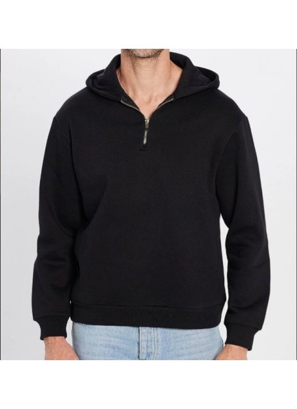 Unisex Relax Fit Rahat Kesim Pamuklu İçi Polarlı Yarım Fermuarlı Siyah Kapüşonlu Sweatshirt