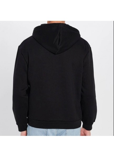 Unisex Relax Fit Rahat Kesim Pamuklu İçi Polarlı Yarım Fermuarlı Siyah Kapüşonlu Sweatshirt