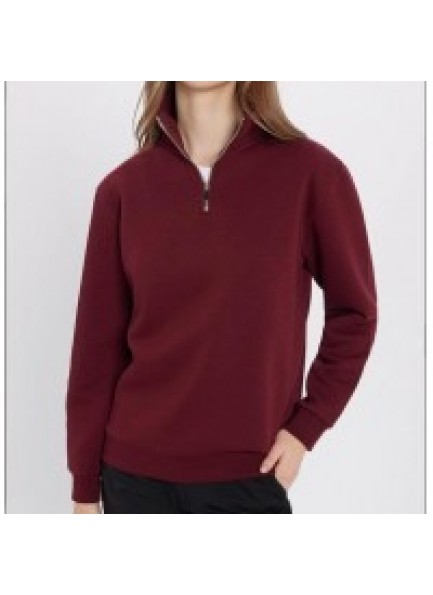 Unisex Relax Fit Rahat Kesim Pamuklu İçi Polarlı Yarım Fermuarlı Siyah Dik Yaka Sweatshirt