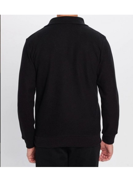 Unisex Relax Fit Rahat Kesim Pamuklu İçi Polarlı Yarım Fermuarlı Siyah Dik Yaka Sweatshirt